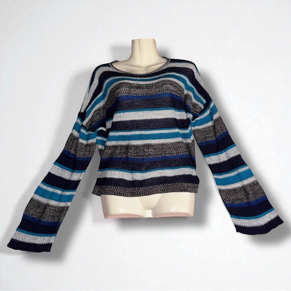 Alley & Gabby 212NY Y2K Vintage Sweater Blue Striped Cropped Bell Sleeves Size L